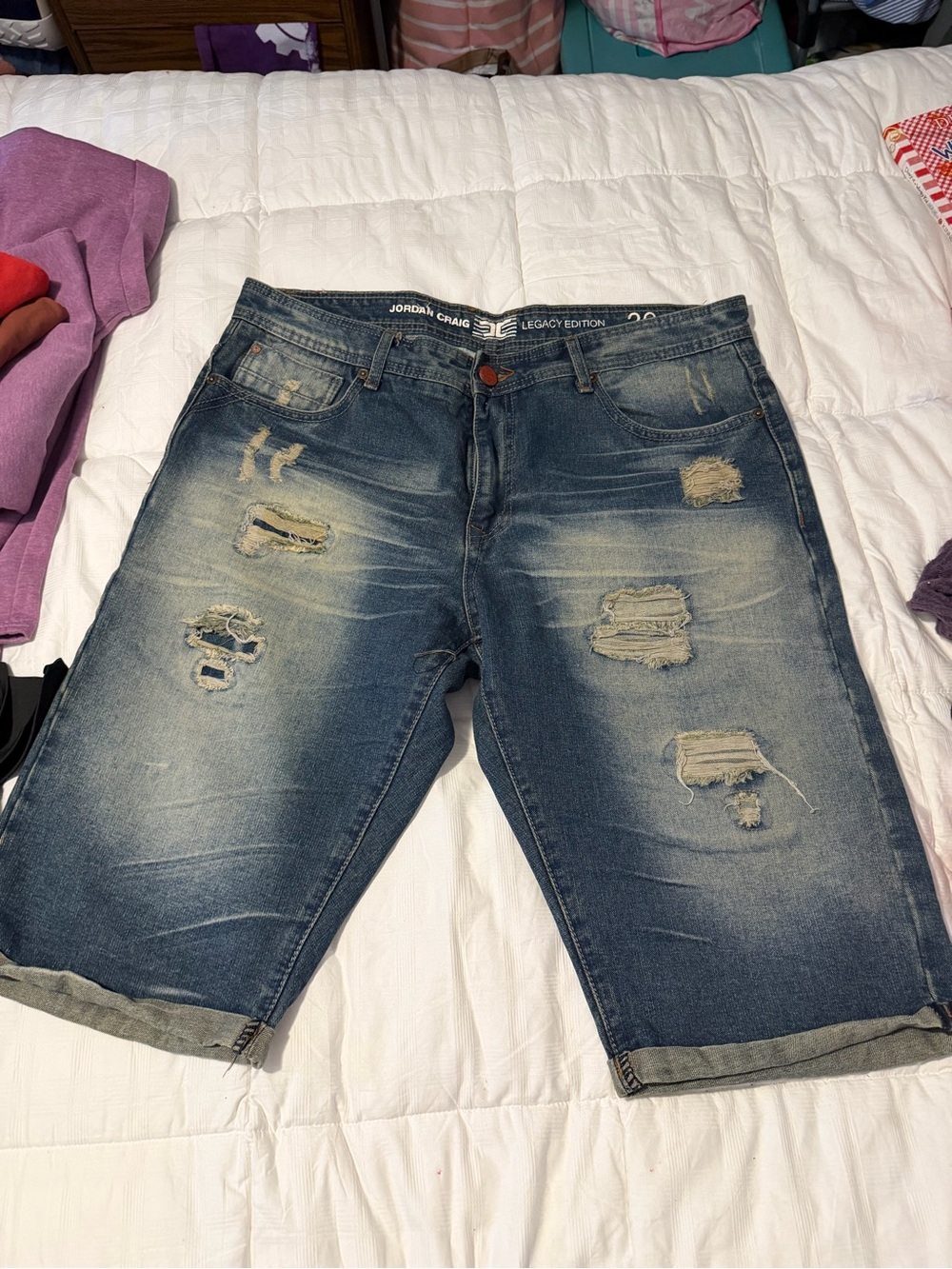 Jordan Craig Distressed Dark Blue Denim Jean Shorts